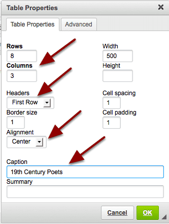 Set the number of Rows, Columns and any other table properties needed.