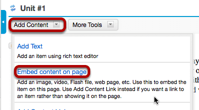 File upload: Click Add Content, then Embed content on page.