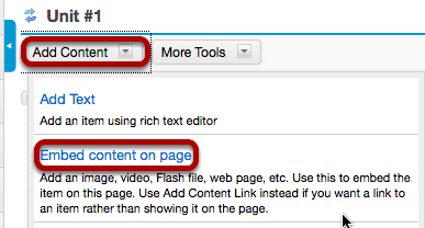 Linked image: Click Add Content, then Embed content on a page.