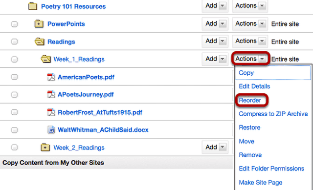 Files: Click Actions, then Reorder.